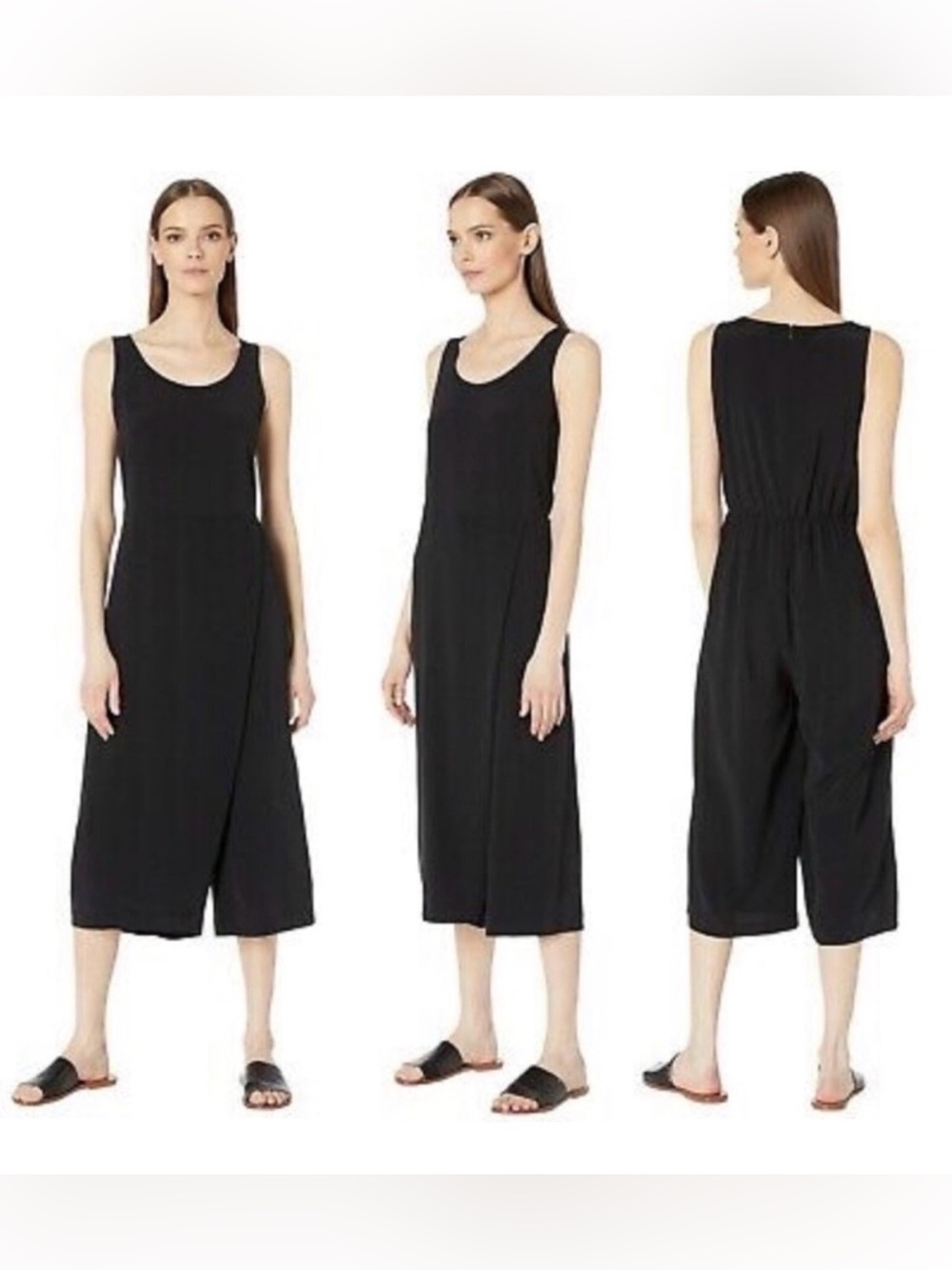 Eileen Fisher Sleeveless Faux Wrap Cropped Jumpsuit Black Large